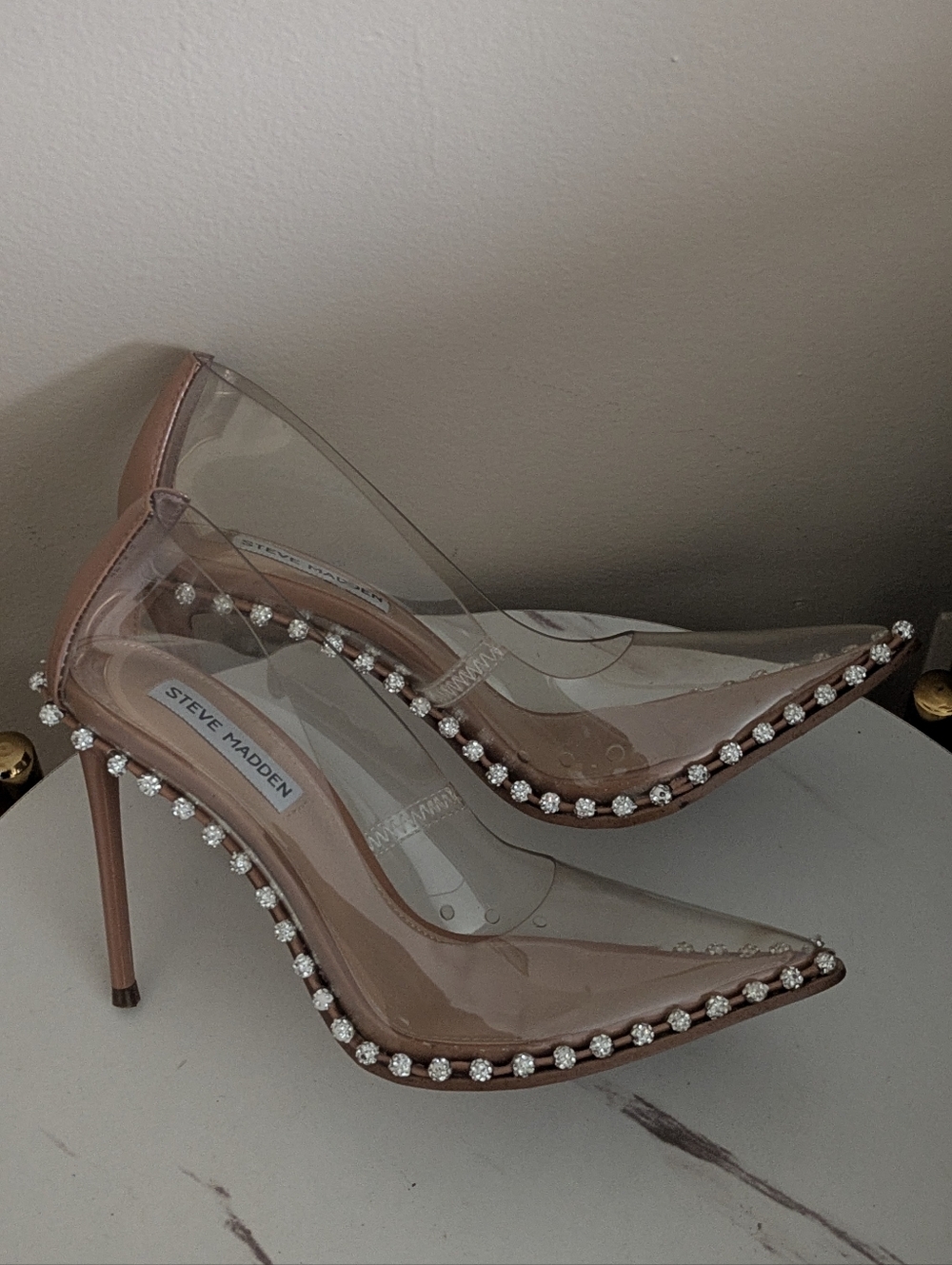 Steve Madden Nude Clear Pointed Toe Pumps with Crystal Trim - Picture 3 of 14